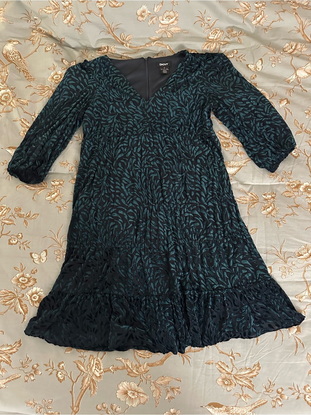 DKNY Teal and Black V-Neck Patterned Women's Dress